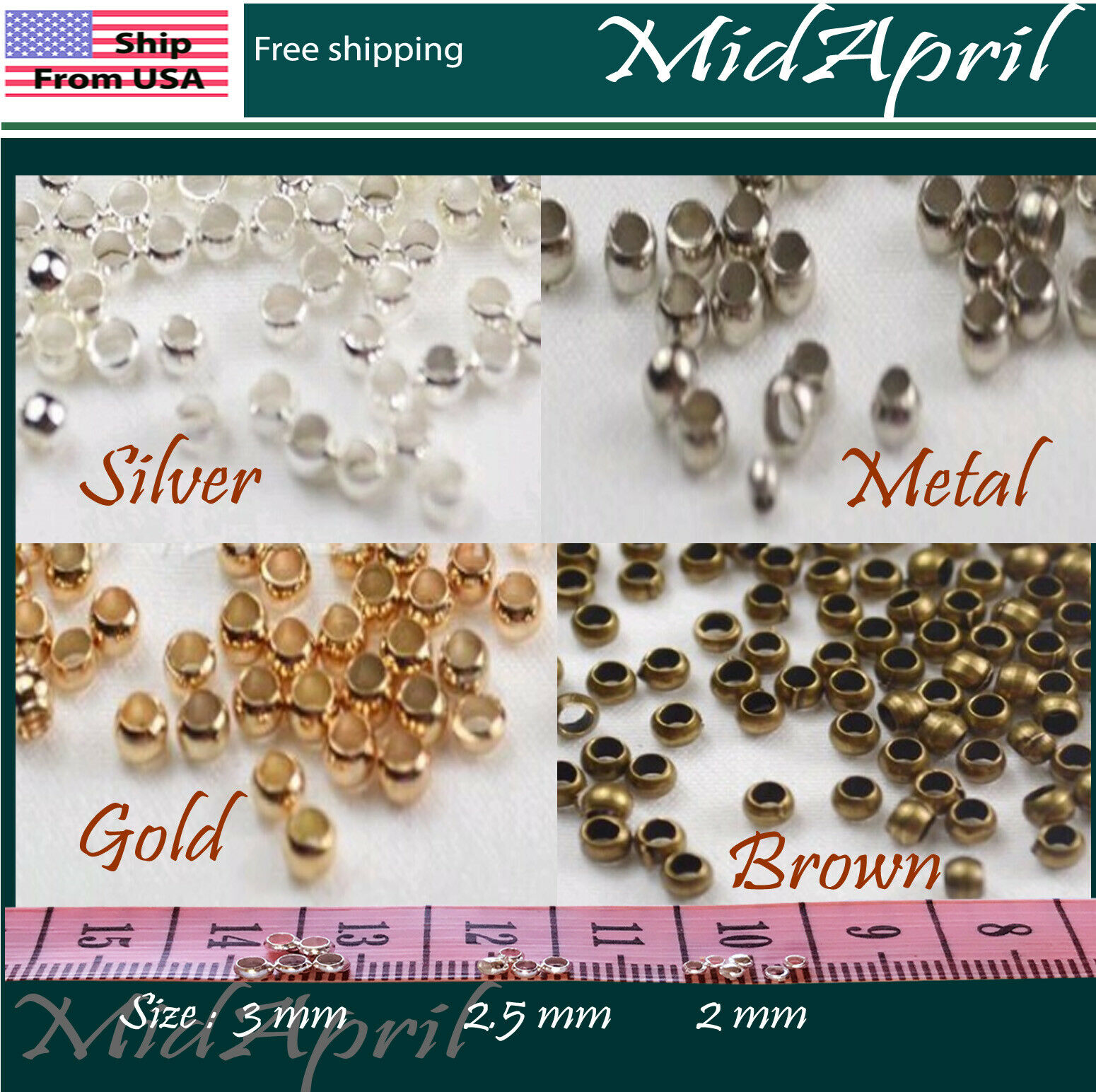 Crimp End Beads Round  Silver/gold/bronze/metal  Plated 2 , 2.5 , 3 Mm Us Seller