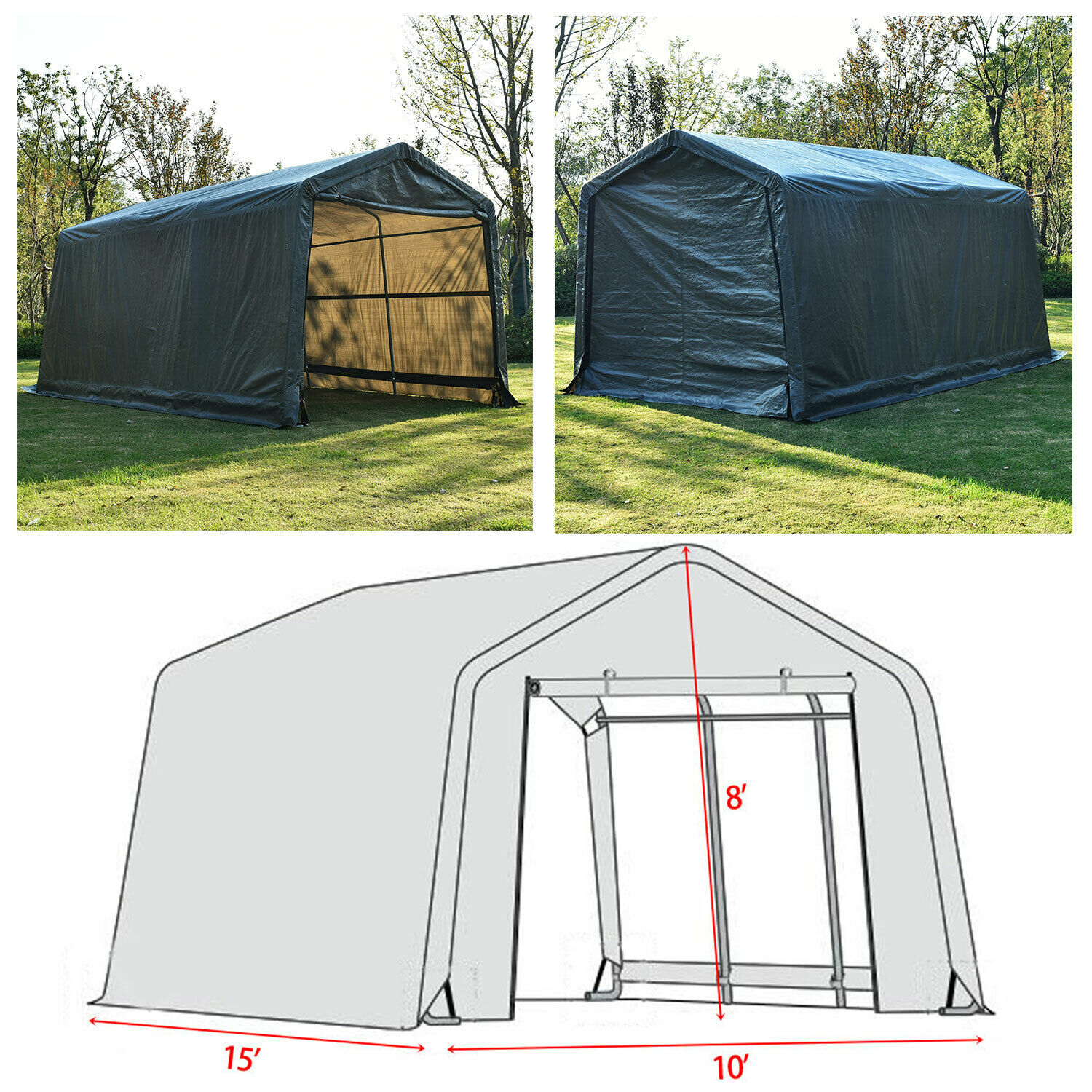 10'x15'x8' Ft Storage Shed Tent Shelter Car Garage Steel Carport Canopy Cover